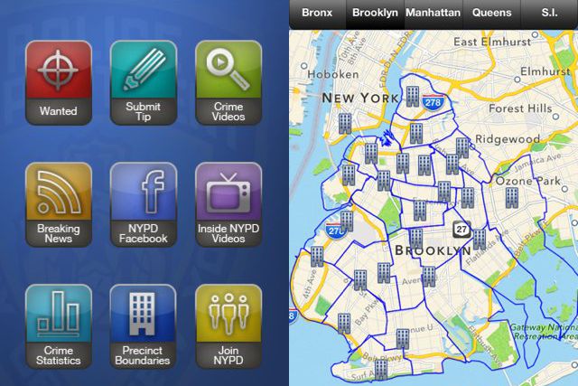 The NYPD app's home screen, left, and a precinct map of Brooklyn, right.
